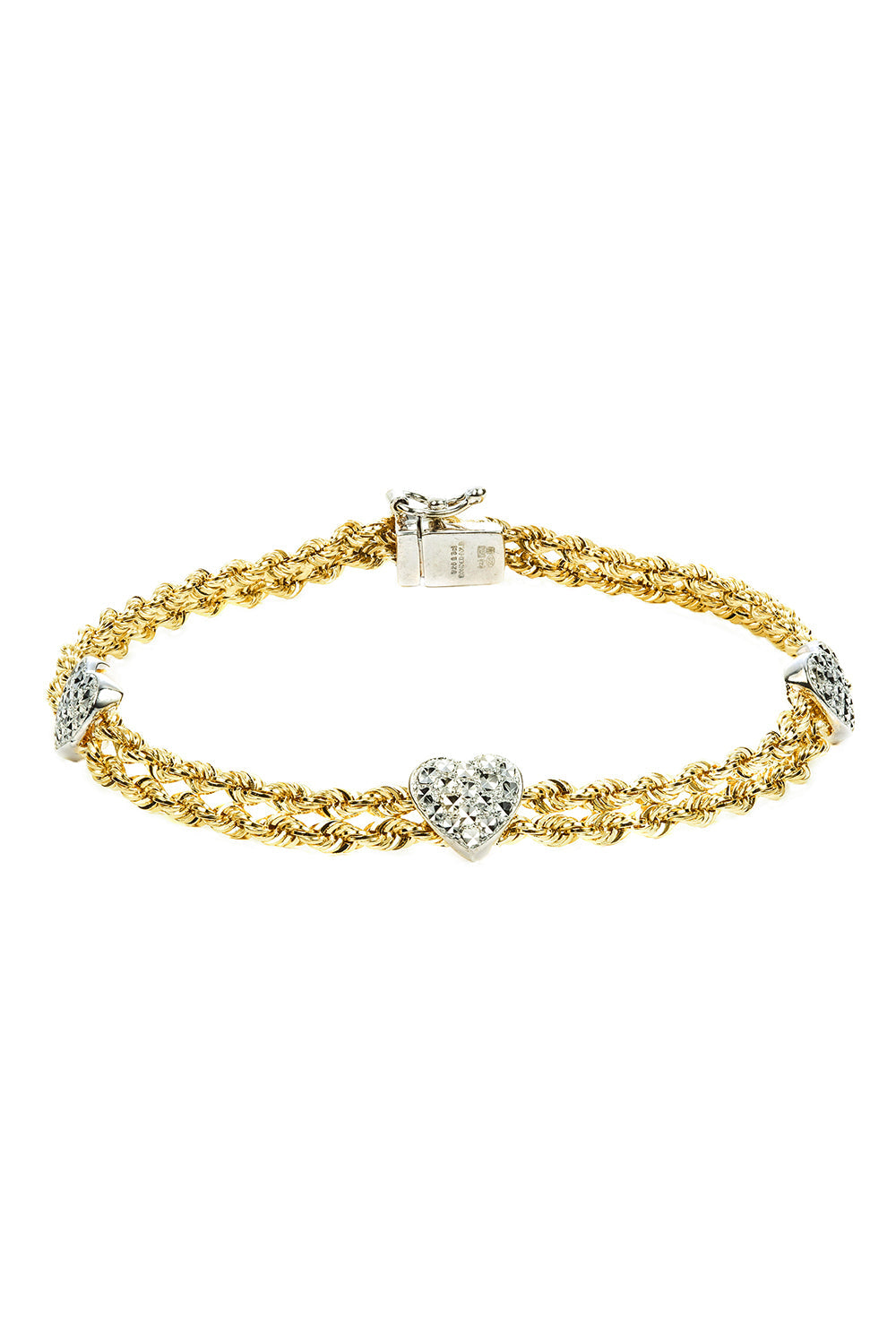 9ct Yellow Gold & Sterling Silver Bonded Double Rope & Hearts Bracelet-0