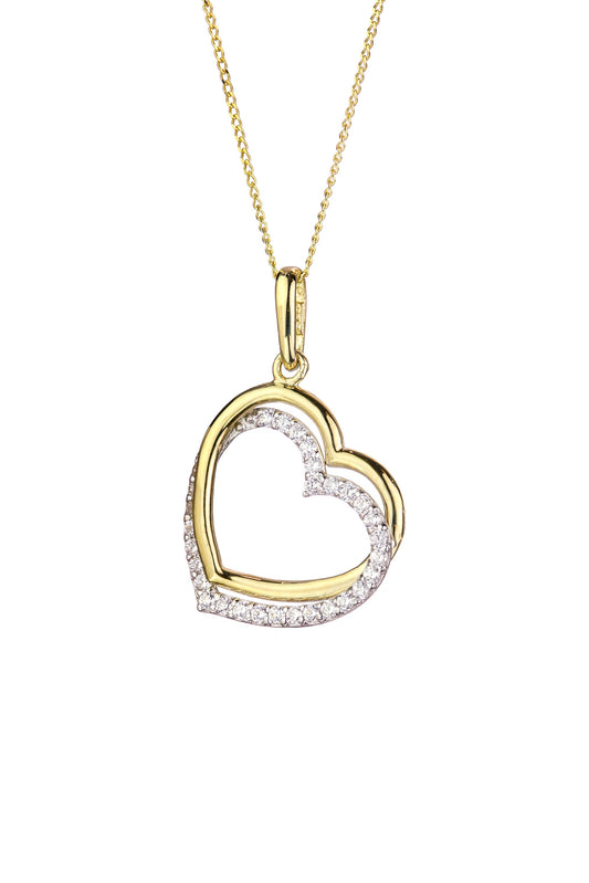 9ct Yellow Gold Cubic Zirconia Double Heart Pendant Necklace-0