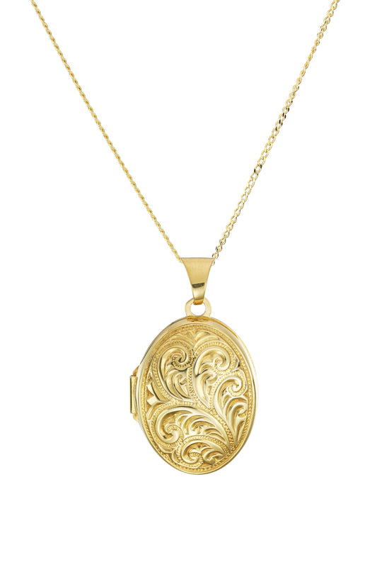 9ct Yellow Gold Oval Scroll Locket Necklace-0