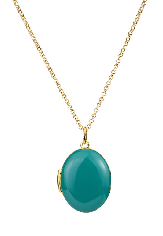 Gold Plated Sterling Silver Oval Teal Enamel Locket Necklace-0