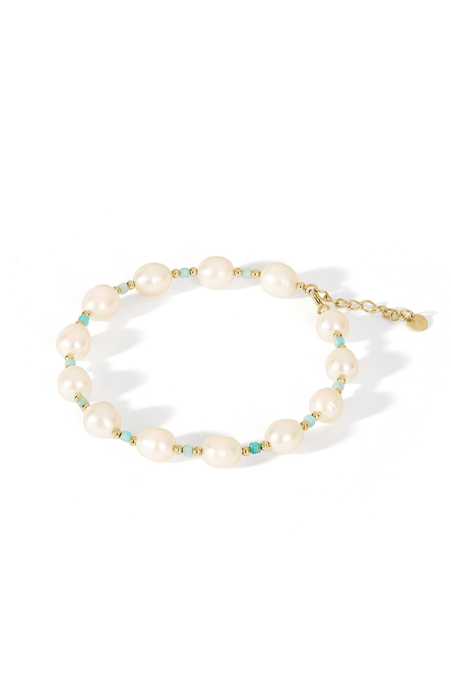 Sterling Silver Gold Plated Freshwater Pearl & Amazonite Bead Bracelet-0