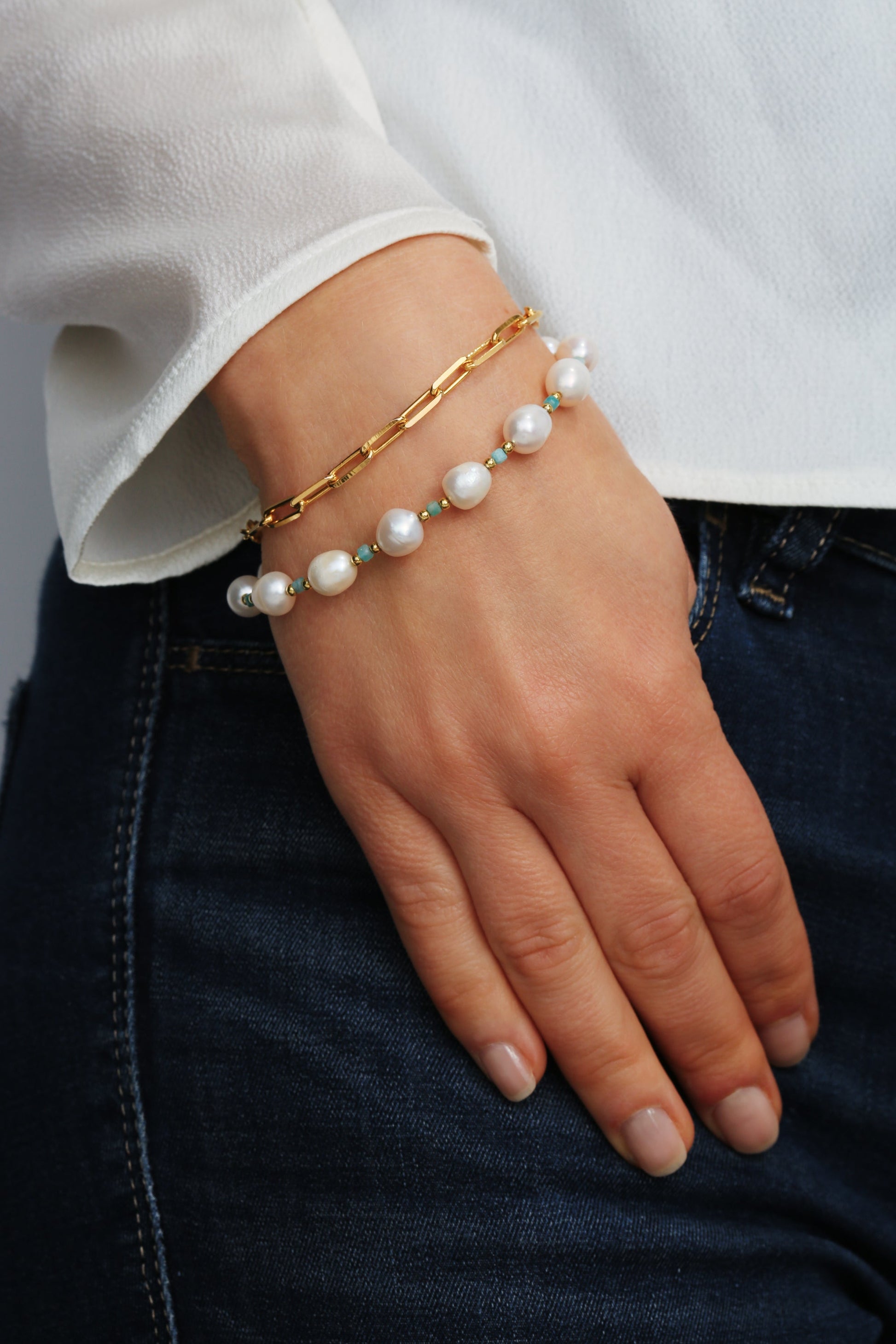 Sterling Silver Gold Plated Freshwater Pearl & Amazonite Bead Bracelet-2