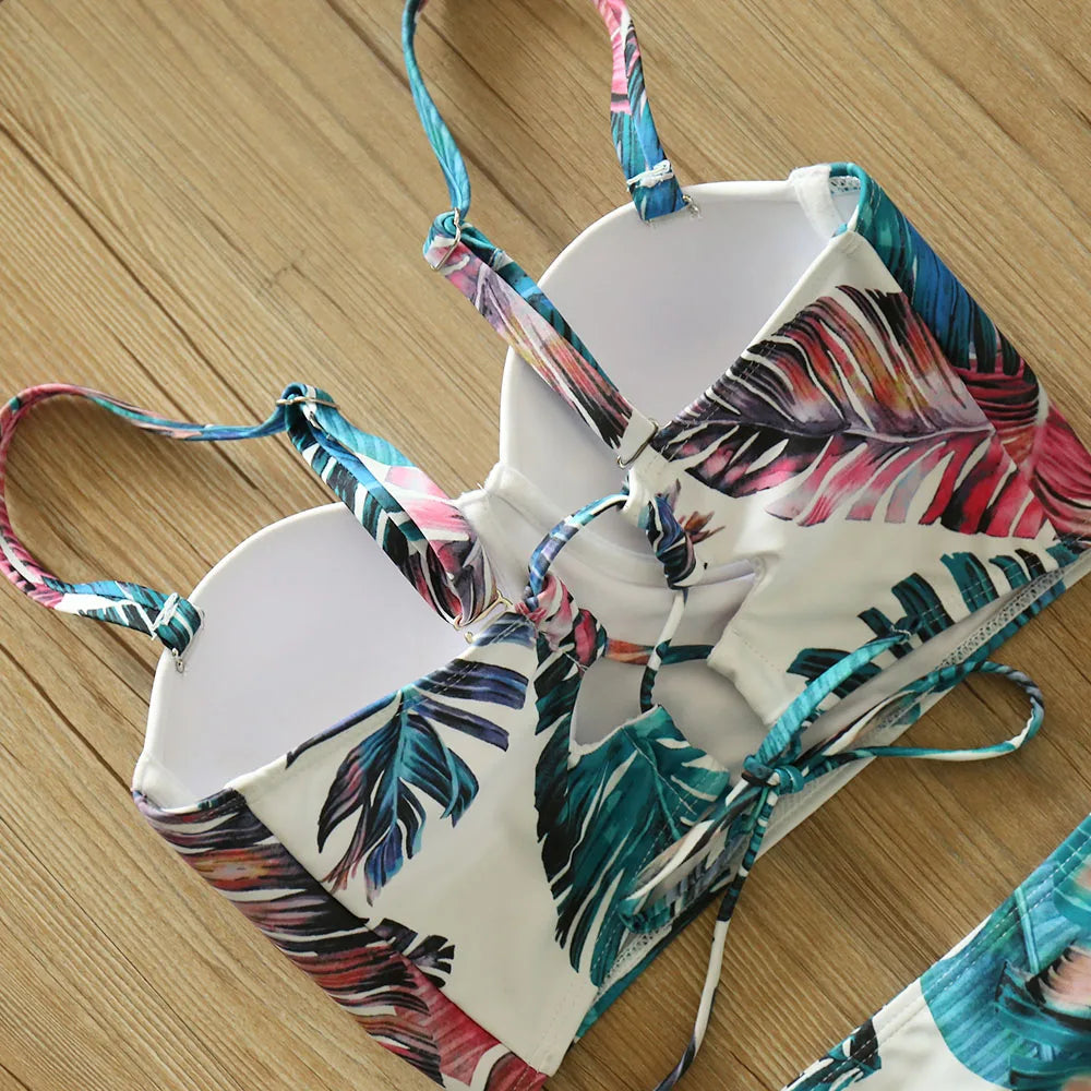 Ladies Push Up Bandage Style Leaf Print Bikini with High Waist