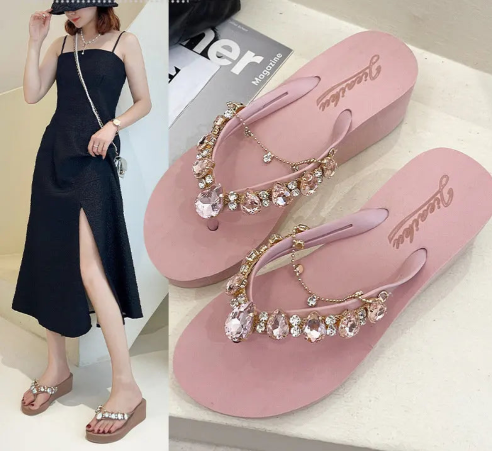 Women's Pink Casual Comfortable Rhinestone Flip Flops with Wedge Style Sole