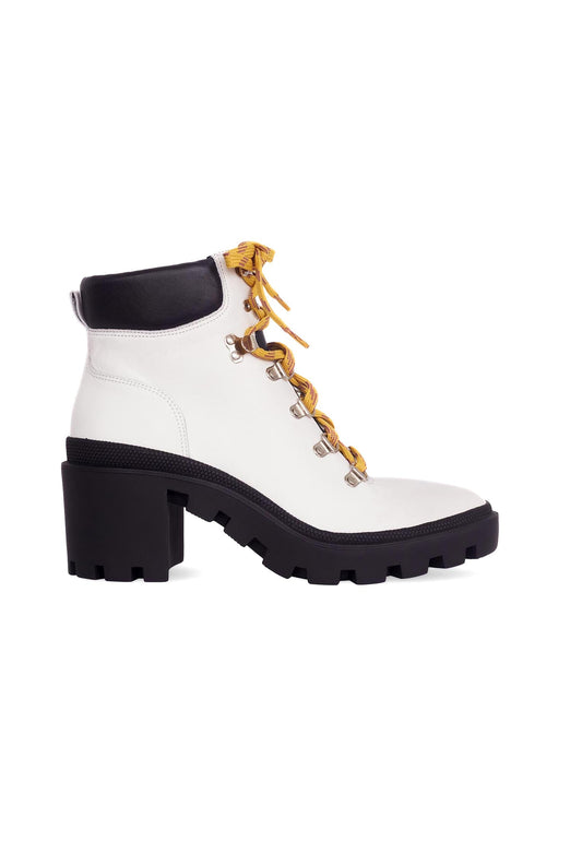 Ladies White Combat Style Boot with 9cm Block Heel.