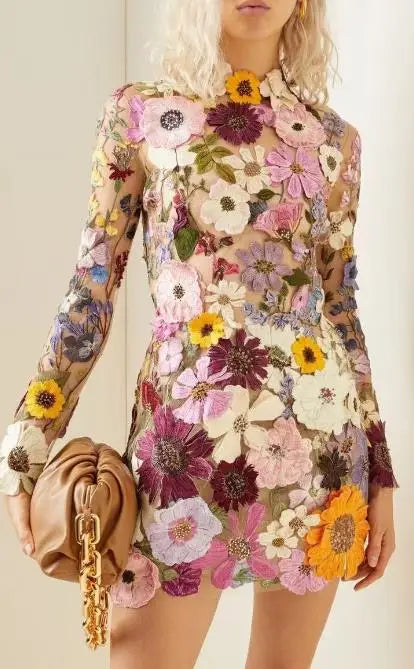 Ladies Spring Floral Embellished Mini Dress