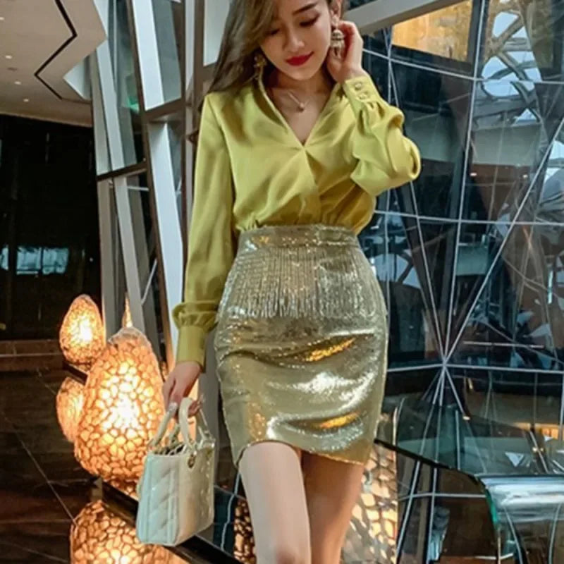 Women's Two Piece Co Ord Vintage Style Yellow Blouse and Sequin Skirt