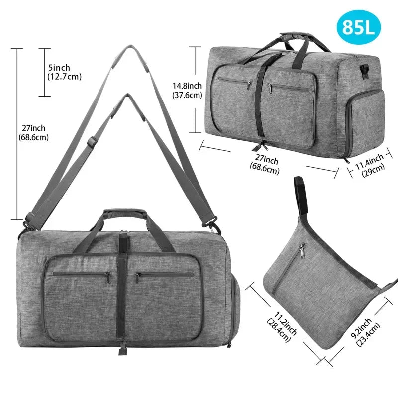 Women's Large Foldable Waterproof 85L Grey Travel Bag