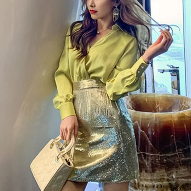 Women's Two Piece Co Ord Vintage Style Yellow Blouse and Sequin Skirt