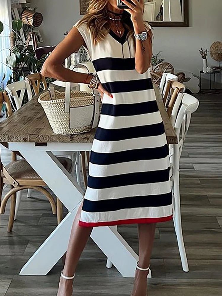 Women's Elegant Black and White Striped Casual Midi Dress