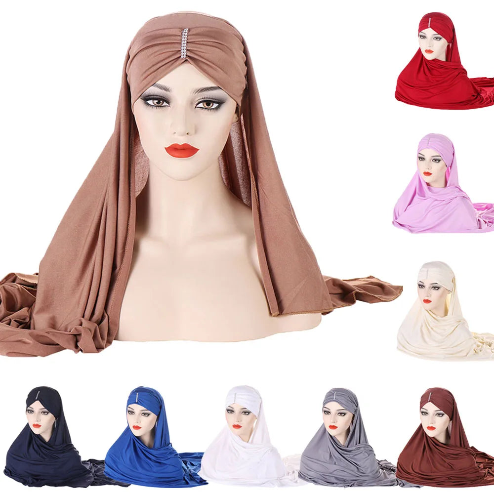 Women's Instant Cotton Jersey Hijab Scarf With Faux Diamonds Decoration