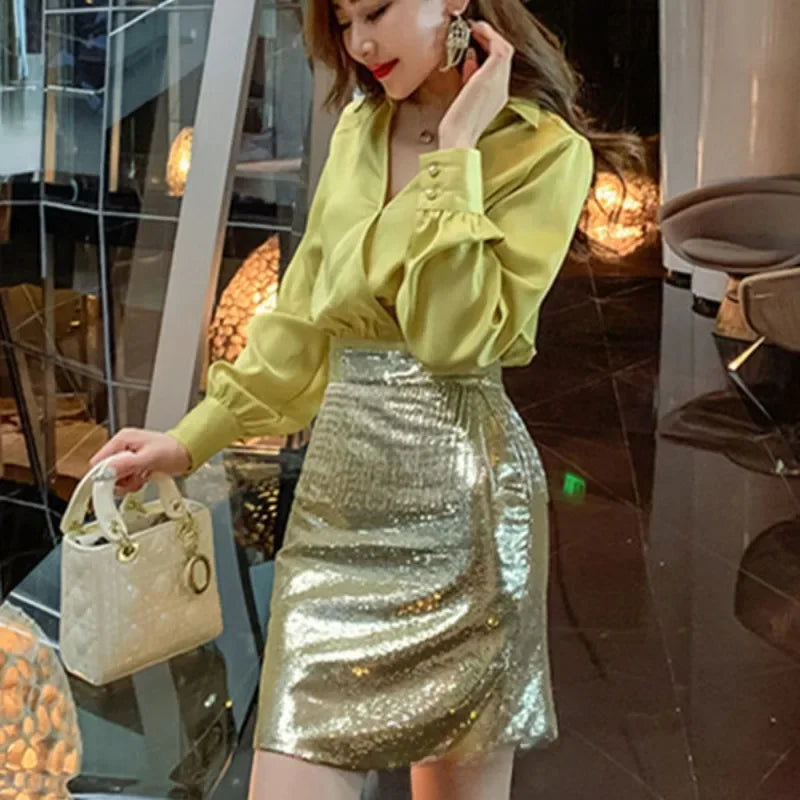 Women's Two Piece Co Ord Vintage Style Yellow Blouse and Sequin Skirt