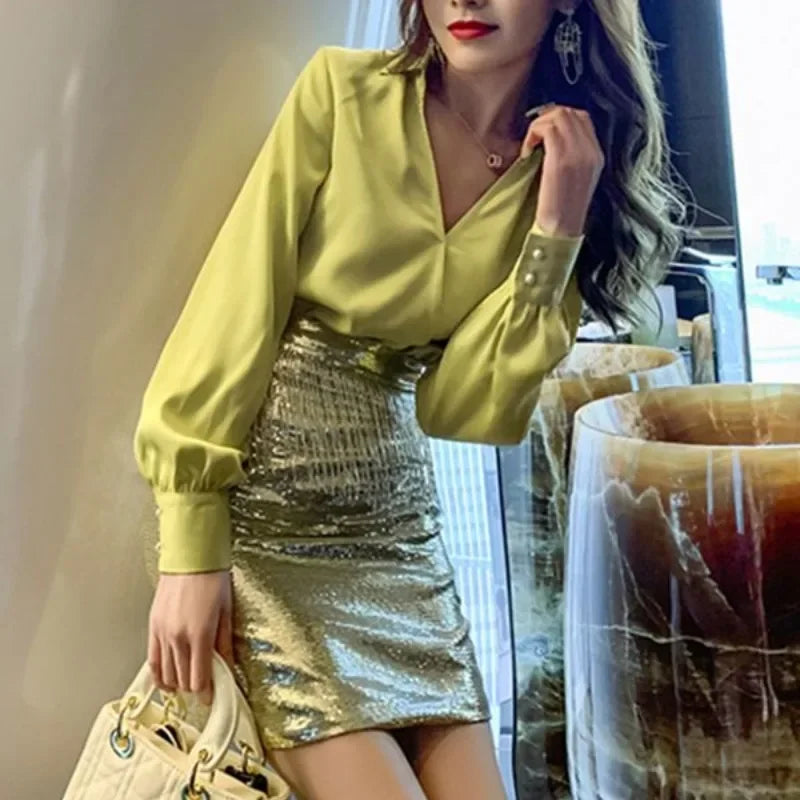 Women's Two Piece Co Ord Vintage Style Yellow Blouse and Sequin Skirt