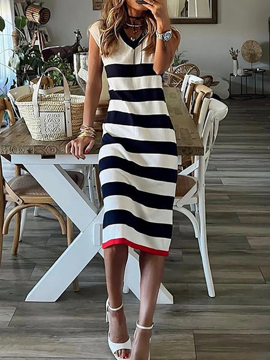 Women's Elegant Black and White Striped Casual Midi Dress