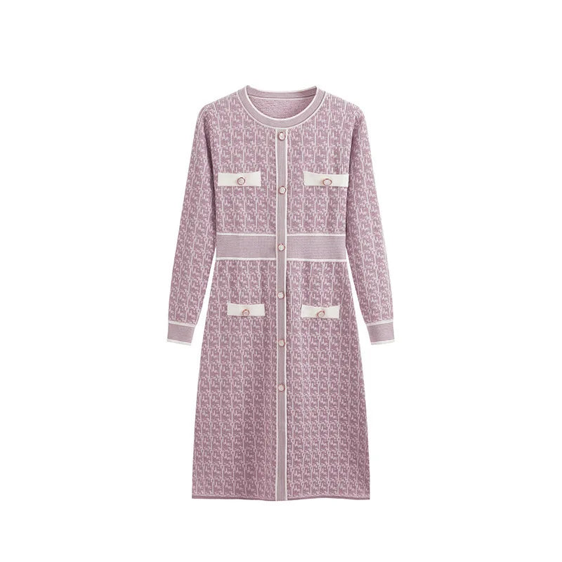 Women's Pink Autumn A-Line Knitted Long Sleeve Dress with Round Neck