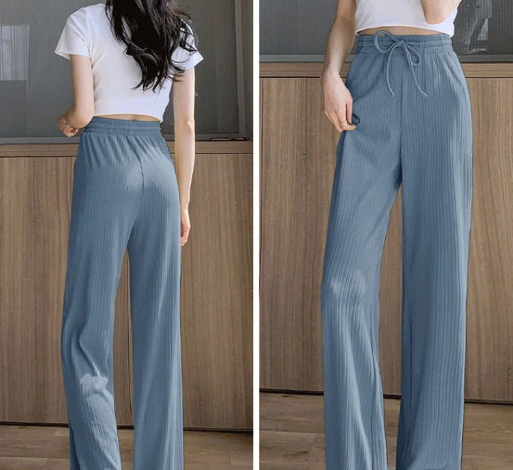 Women's Casual Stretchy High Waist Wide Leg Trouser with Drawstring