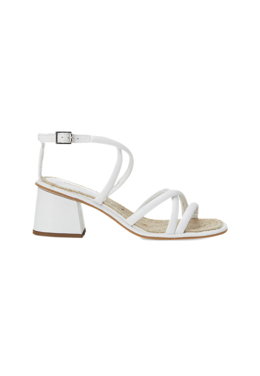 Women's White Leather Block Heel Sandal.