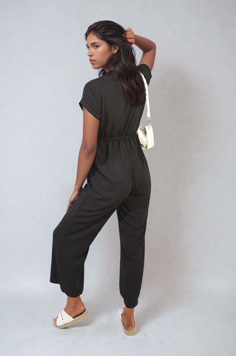 Women's Belted V Neck Jumpsuit with Side Pockets