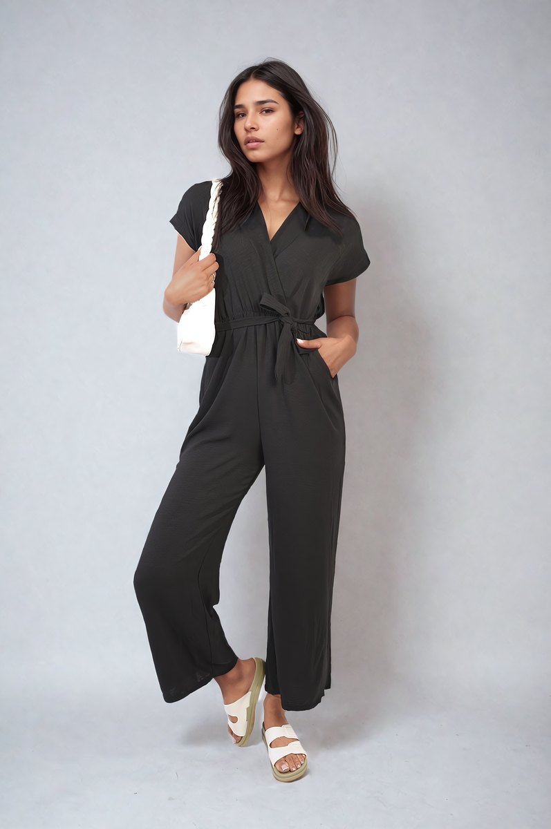 Women's Belted V Neck Jumpsuit with Side Pockets