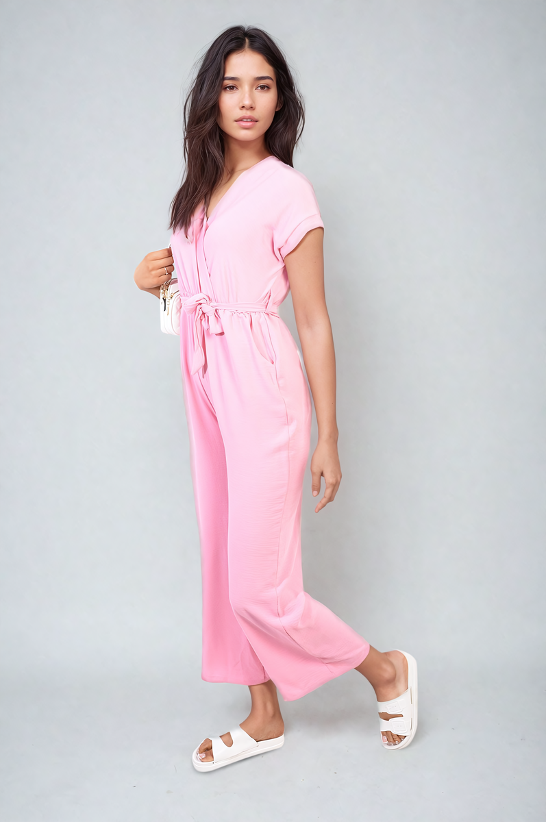 Women's Belted V Neck Jumpsuit with Side Pockets