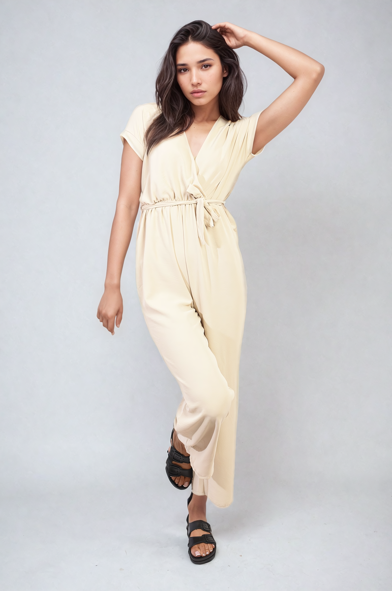 Women's Belted V Neck Jumpsuit with Side Pockets