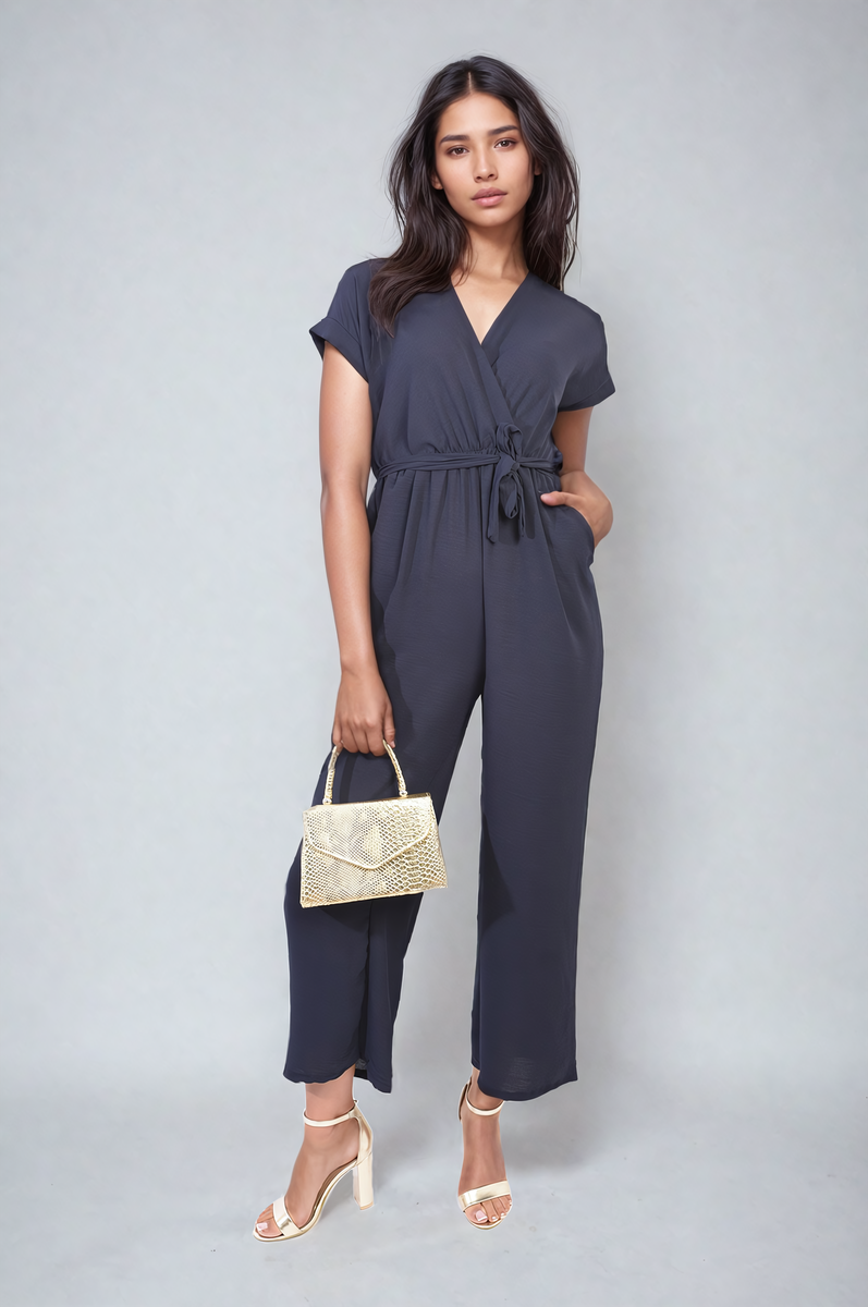 Women's Belted V Neck Jumpsuit with Side Pockets