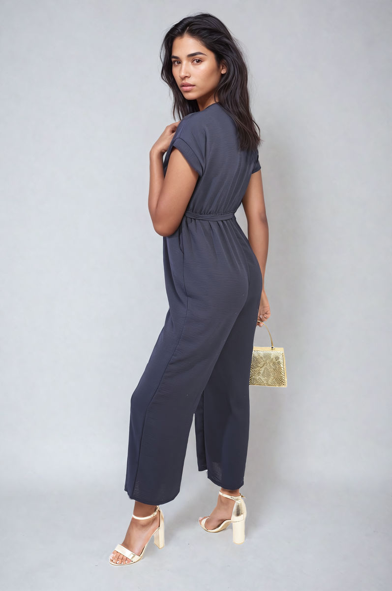 Women's Belted V Neck Jumpsuit with Side Pockets