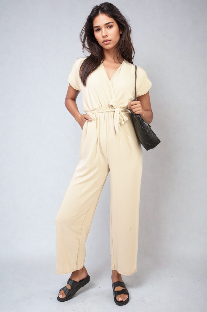 Women's Belted V Neck Jumpsuit with Side Pockets