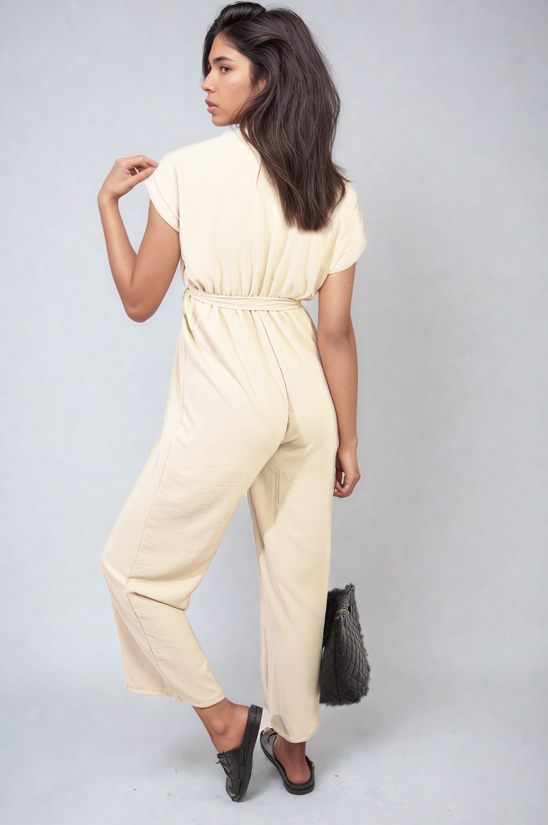 Women's Belted V Neck Jumpsuit with Side Pockets