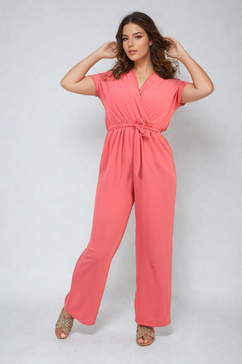 Women's Belted V Neck Jumpsuit with Side Pockets