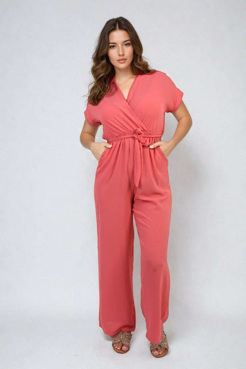 Women's Belted V Neck Jumpsuit with Side Pockets