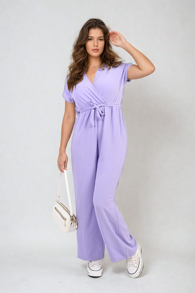 Women's Belted V Neck Jumpsuit with Side Pockets