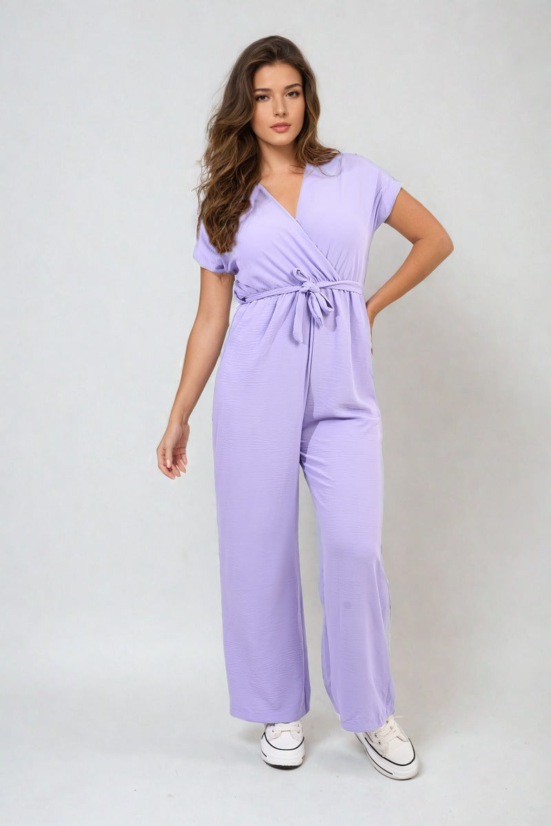 Women's Belted V Neck Jumpsuit with Side Pockets