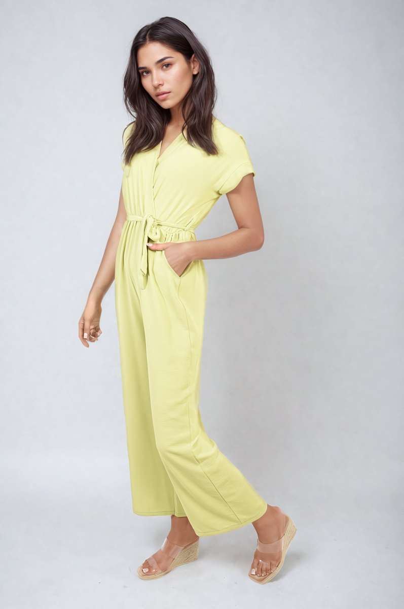 Women's Belted V Neck Jumpsuit with Side Pockets