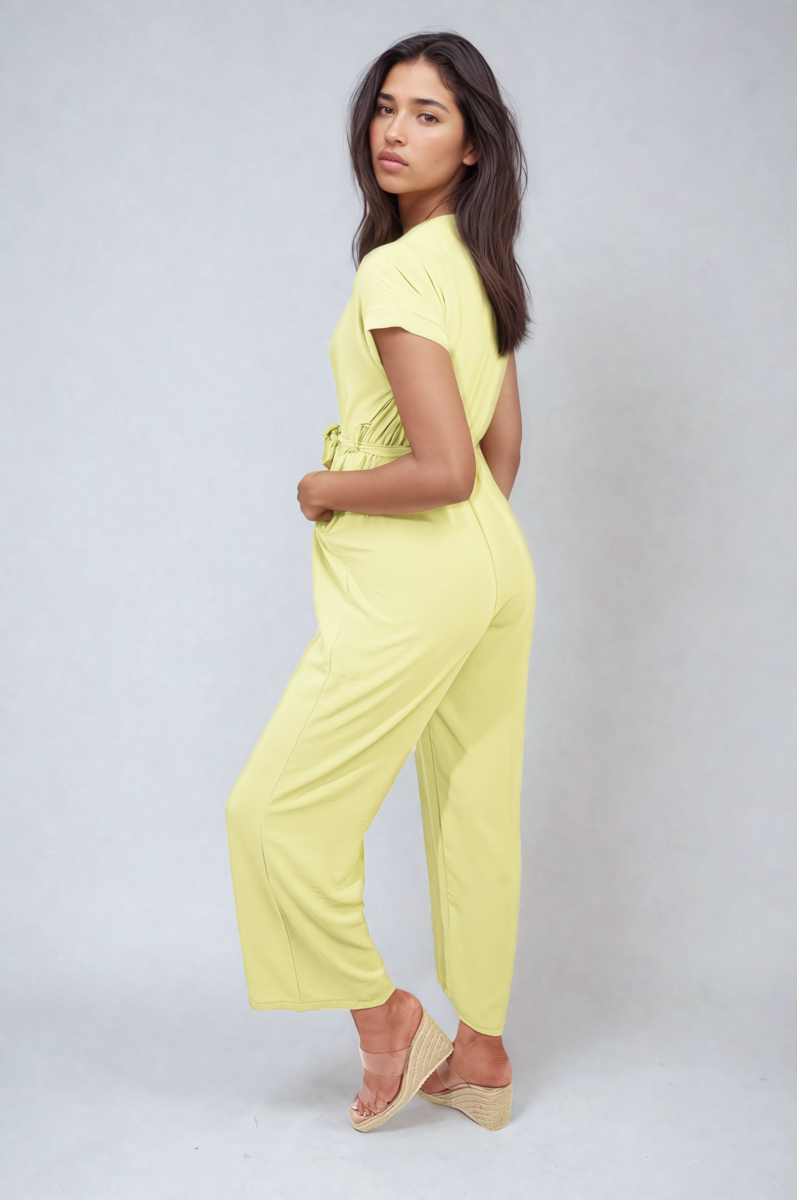 Women's Belted V Neck Jumpsuit with Side Pockets