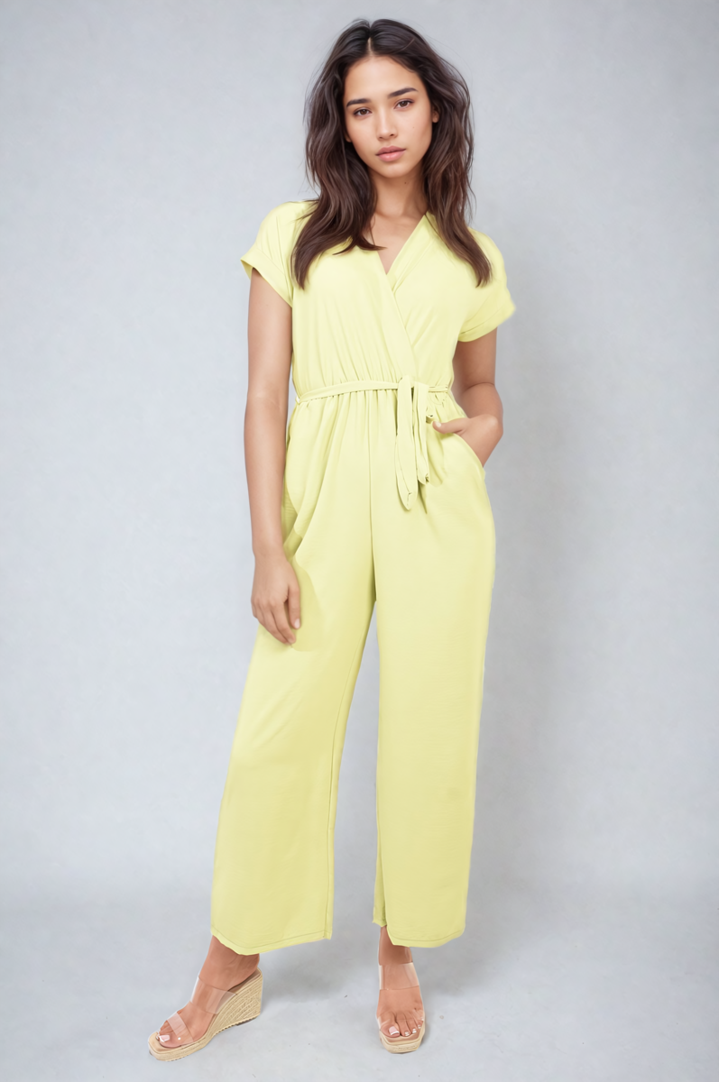 Women's Belted V Neck Jumpsuit with Side Pockets