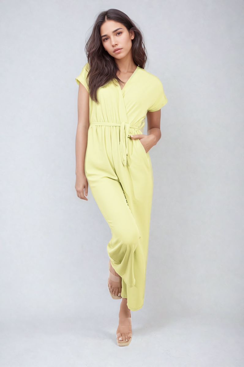 Women's Belted V Neck Jumpsuit with Side Pockets