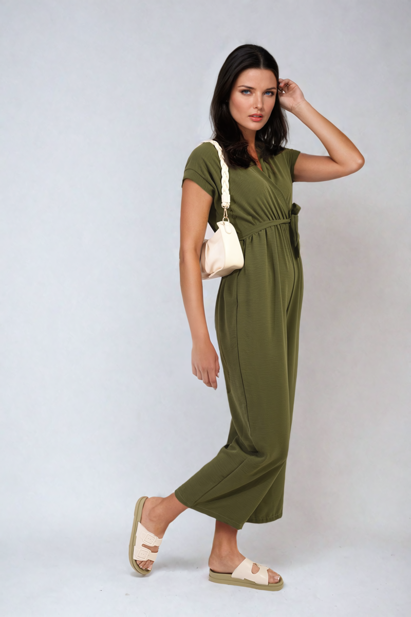 Women's Belted V Neck Jumpsuit with Side Pockets