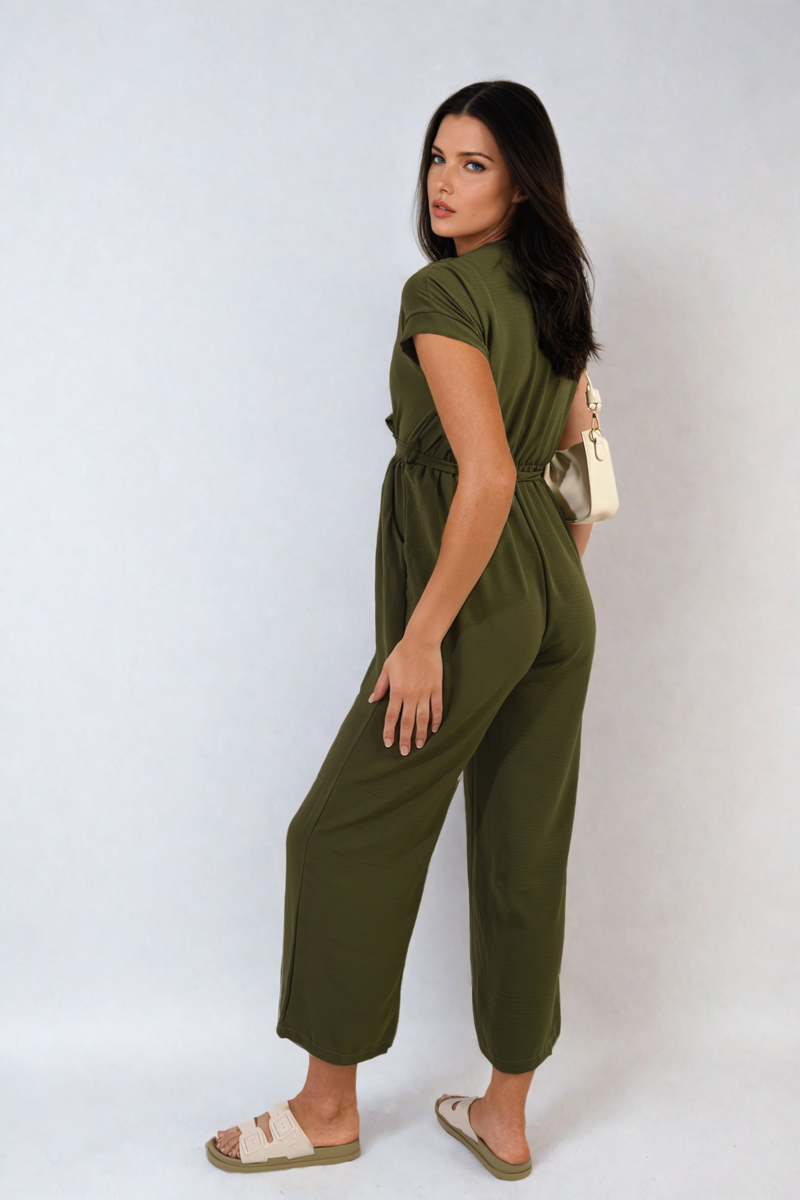 Women's Belted V Neck Jumpsuit with Side Pockets