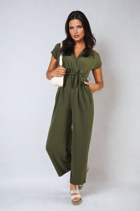 Women's Belted V Neck Jumpsuit with Side Pockets