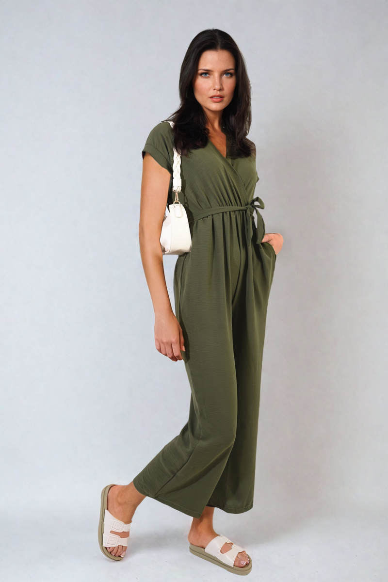 Women's Belted V Neck Jumpsuit with Side Pockets