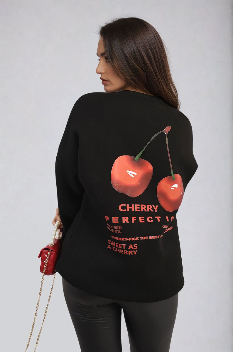 Women's Cherry Printed Front and Back Design Oversized Knitted Jumper