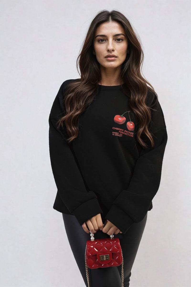 Women's Cherry Printed Front and Back Design Oversized Knitted Jumper