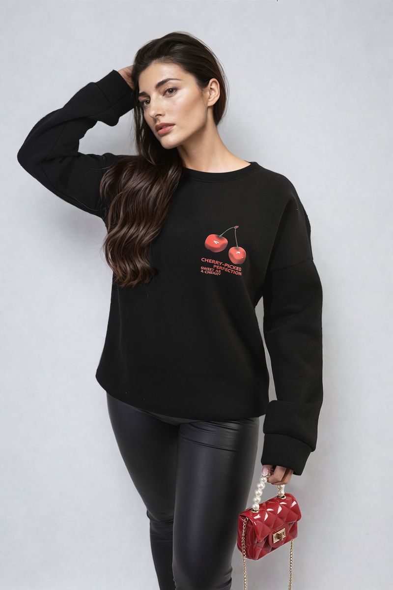 Women's Cherry Printed Front and Back Design Oversized Knitted Jumper