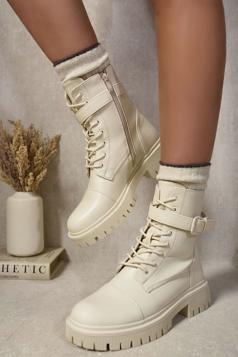 Lace Up Buckle Chunky Combat Boots