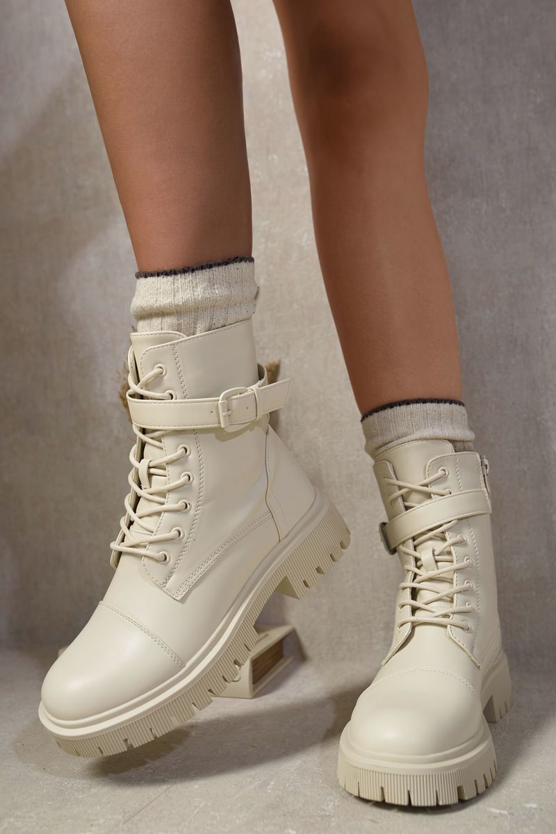 Lace Up Buckle Chunky Combat Boots