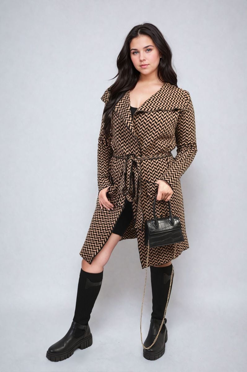 Women's Check Print Full Sleeve Notched Lapel Collar Neck Belted Coat