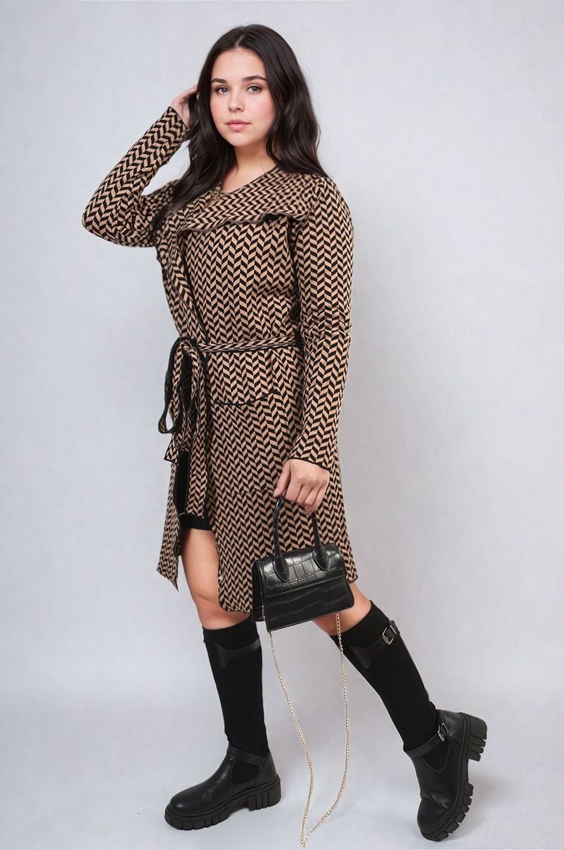 Women's Check Print Full Sleeve Notched Lapel Collar Neck Belted Coat