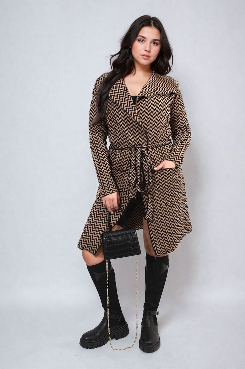 Women's Check Print Full Sleeve Notched Lapel Collar Neck Belted Coat