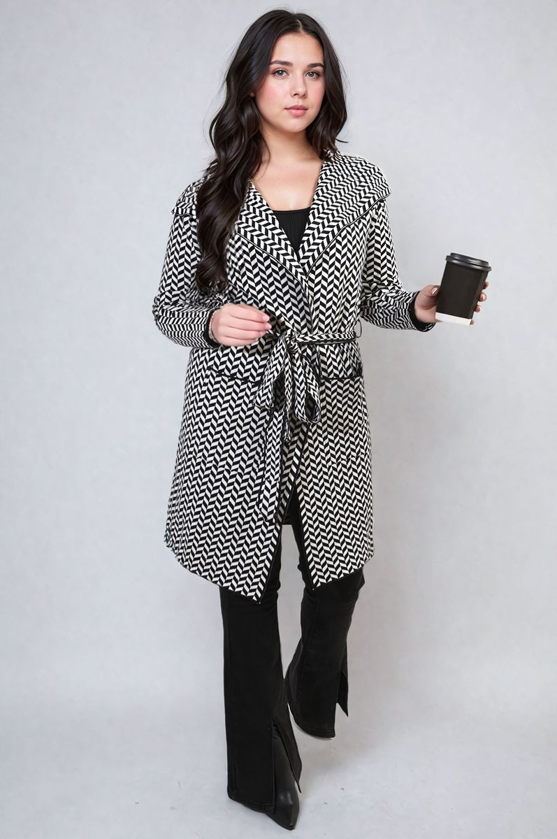 Women's Check Print Full Sleeve Notched Lapel Collar Neck Belted Coat